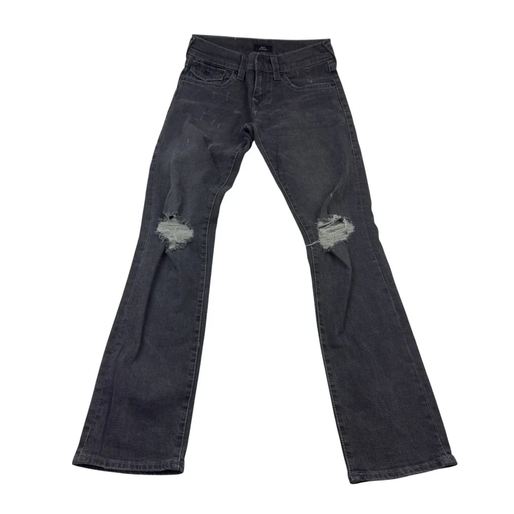 True Religion Ricky Jeans Relaxed Straight Black Distressed Purple Stitch 30x35